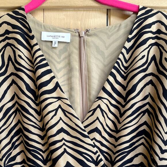 Lafayette 148 Animal Print Silk Belted V Neck Midi Dress Tan Black Size 0 Small - Picture 5 of 9